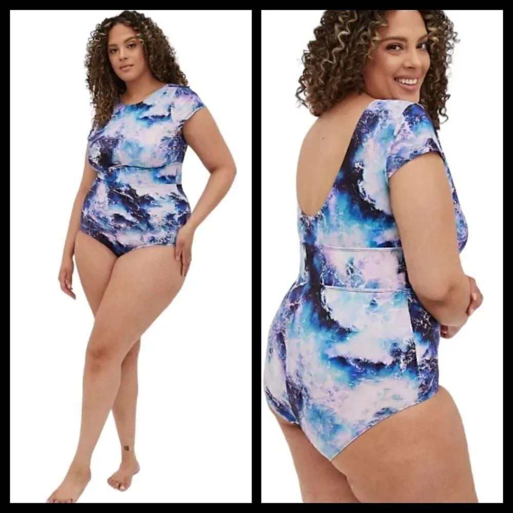 1X 14W 16W Torrid Purple Swimsuit One Piece Ocean Waves Active Athletic Coverage